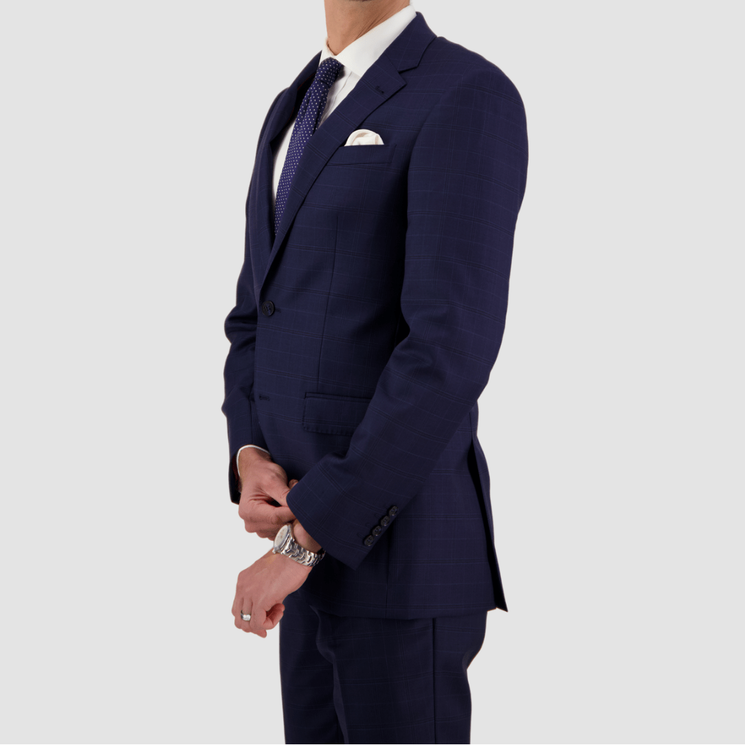 Refined navy Merino wool suit by Savile Row—tailored fit, sharp notch lapel and two-button design, perfect for business, events, and elevated occasions.