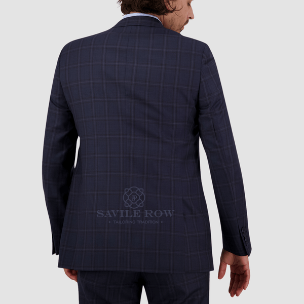 Savile Row Tailored Fit Mens Abram Checked Suit in Midnight Pure Wool