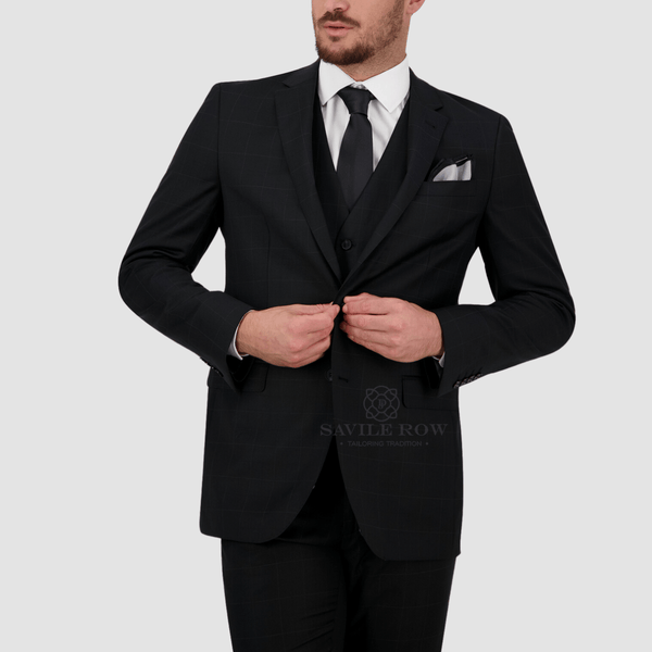 Savile Row Tailored Fit Mens Abram Suit in Black FW9 Wool