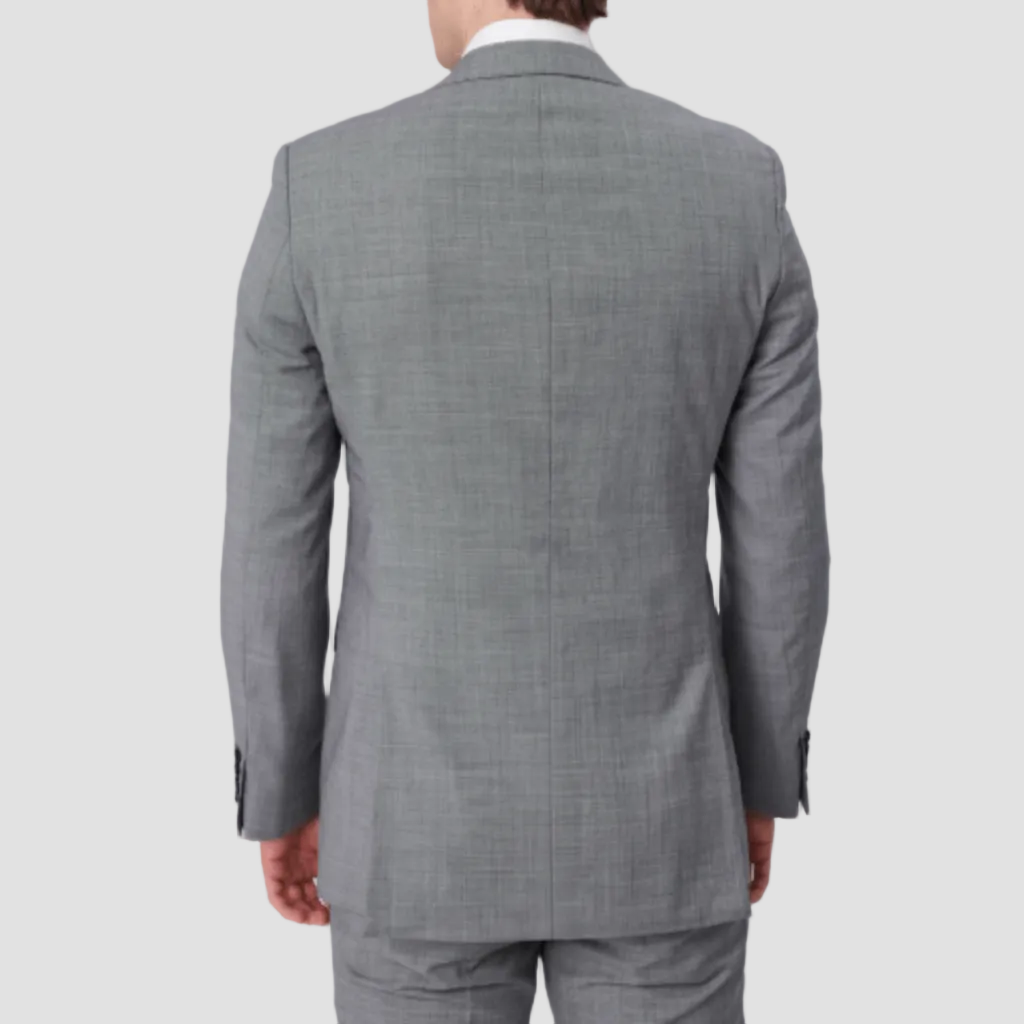 Chrome Australian merino wool textured suit by Savile Row with side splits at the back.