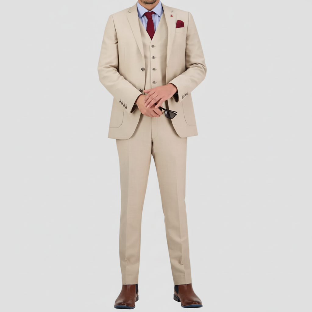 Sand tailored linen‑blend suit by Savile Row with a soft linen finish.