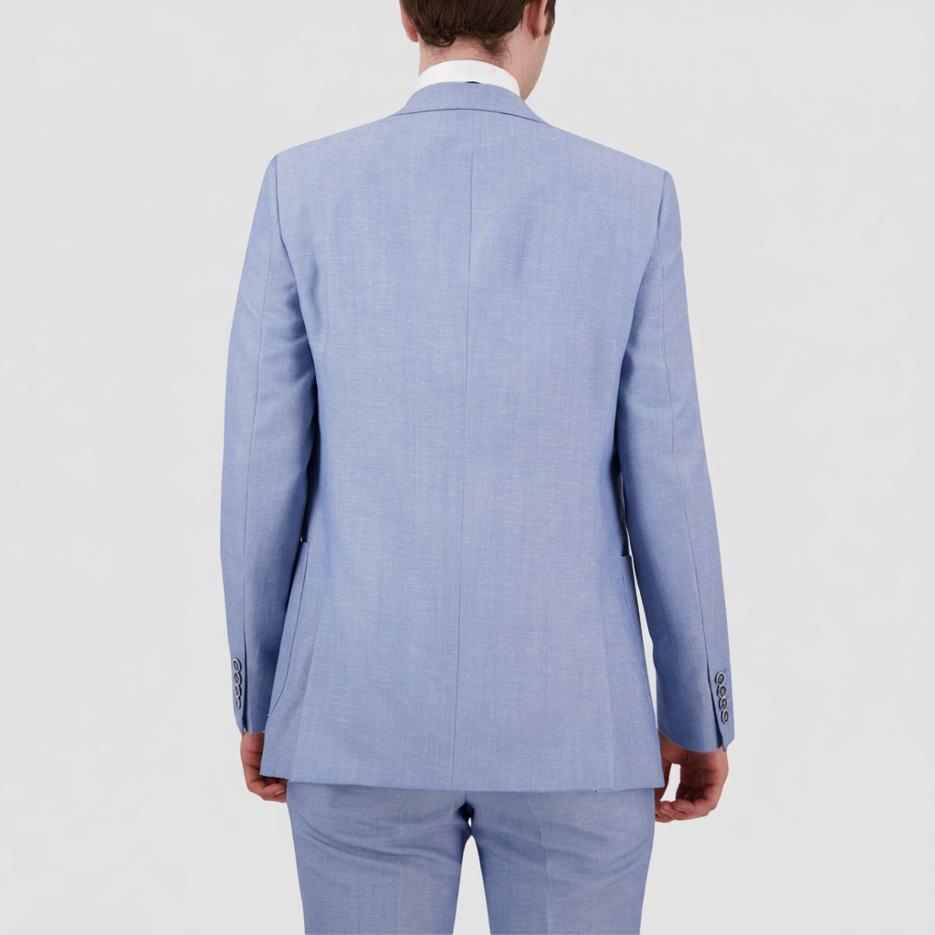 Sky blue tailored linen‑blend suit by Savile Row with a soft linen finish.