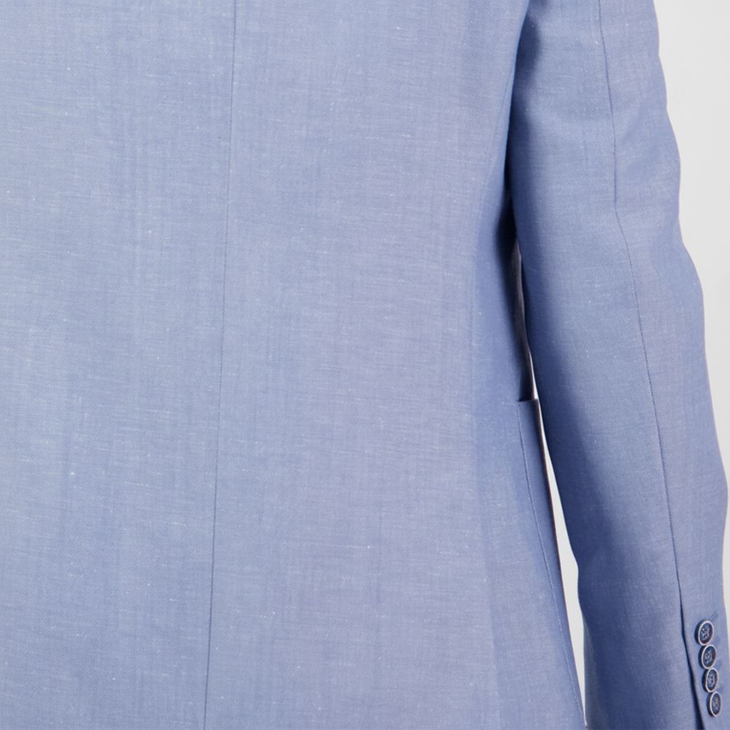 Sky blue tailored linen‑blend suit by Savile Row with a soft linen finish.