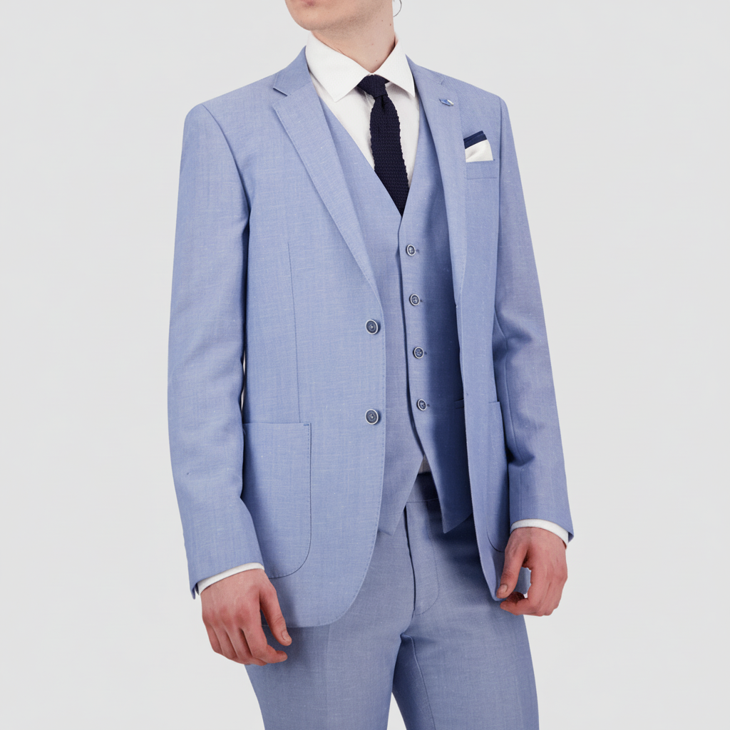Sky blue tailored linen‑blend suit by Savile Row with a soft linen finish.