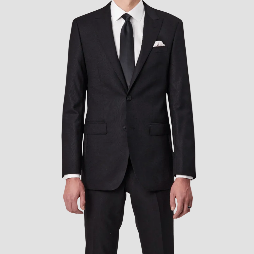 Black Tailored Fit Savile Row suit in pure Tasmanian Super 120’s wool with peak lapel.