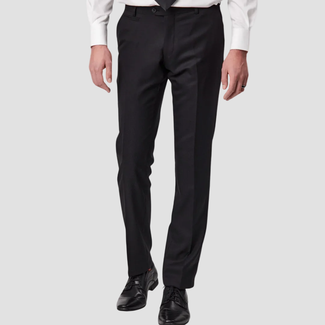 Black Slim Fit Savile Row trouser in pure Tasmanian Super 120’s wool.