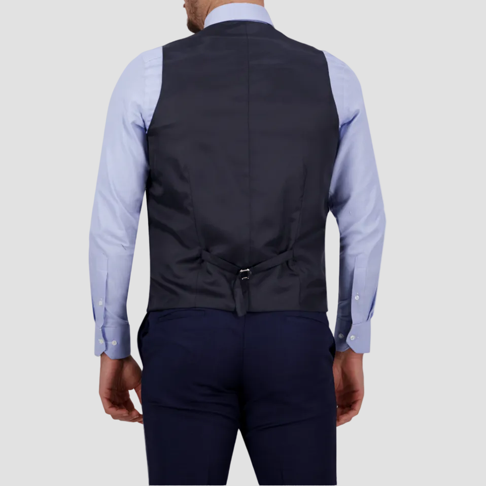 Tailored fit Saul vest in navy by Savile Row. Super 120s merino wool waistcoat with satin back and adjustable tab.