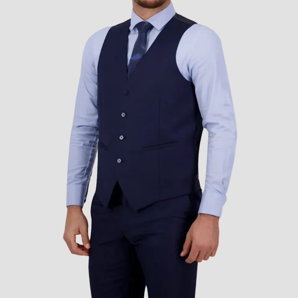 Tailored fit Saul vest in navy by Savile Row. Super 120s merino wool waistcoat with satin back and adjustable tab.