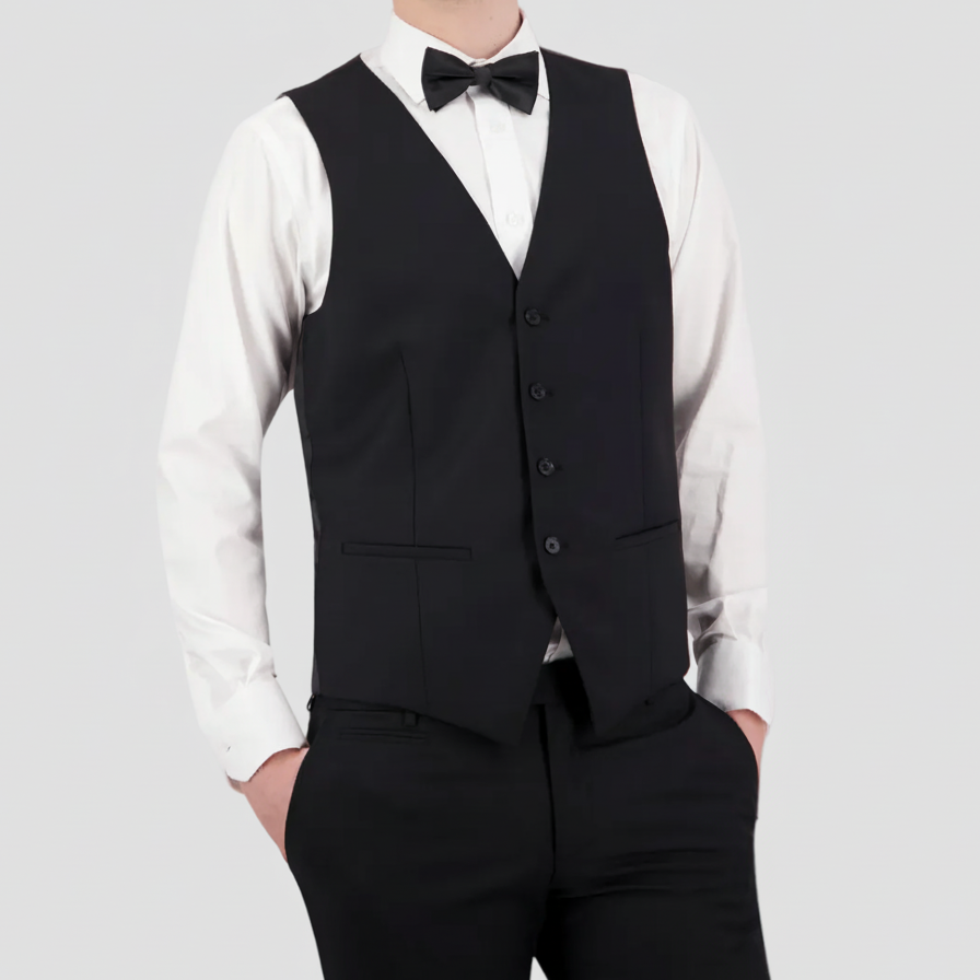 The Black Saul Survivor Vest—tailored fit, four‑button front, and satin back.