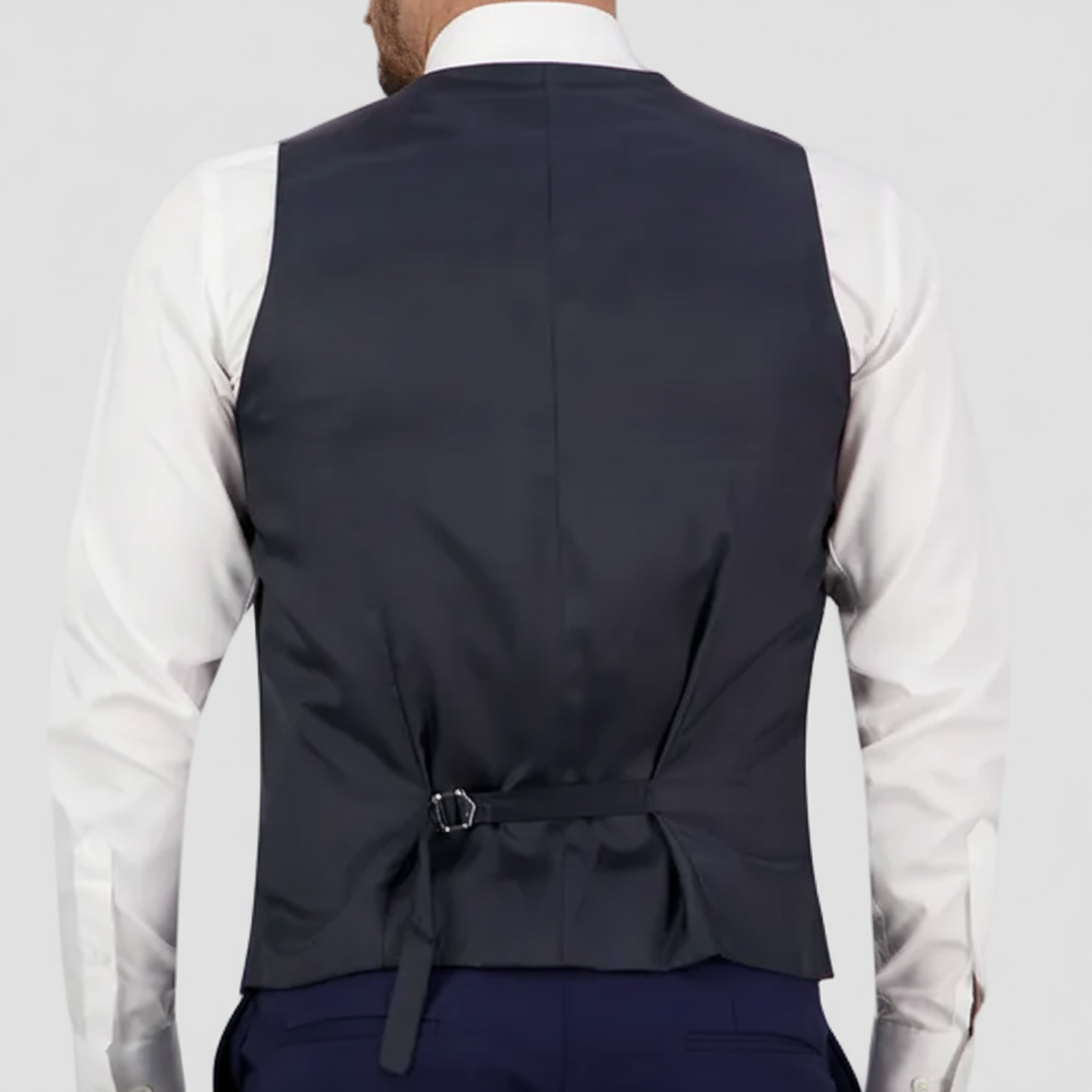 Marine blue vest by Savile Row with a satin back and adjustable tab.