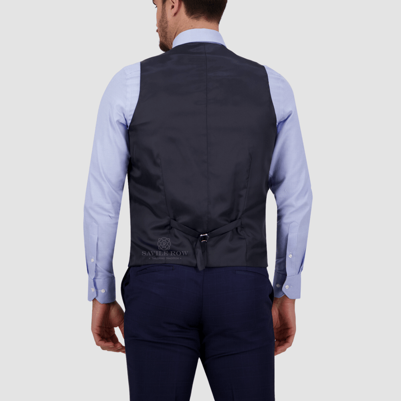 the back of the mens slim fit navy blue vest with satin back and tab adjuster