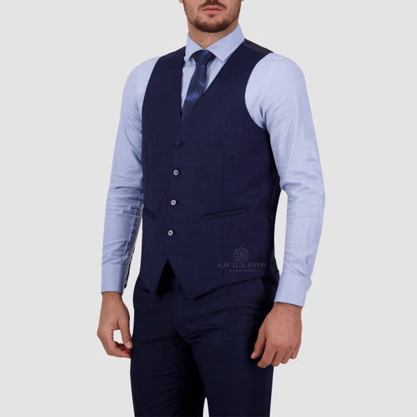 mens navy blue slim fit vest in pure wool with four button front 