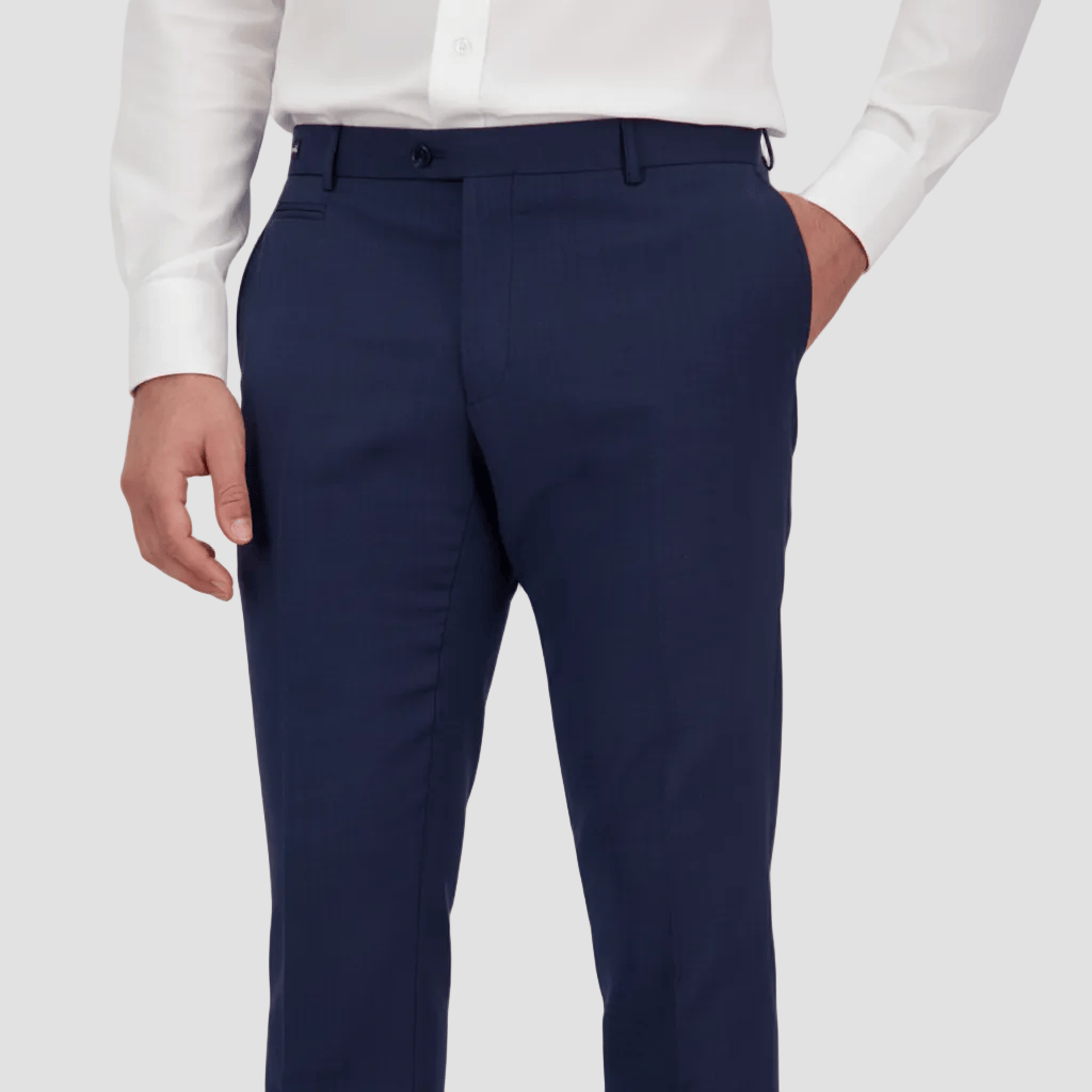 Savile Row blue textured trousers worn with a white shirt