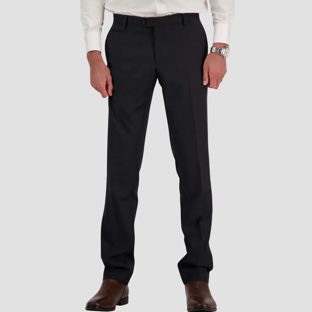 Black dress pants by Savile Row with a white shirt and brown shoes