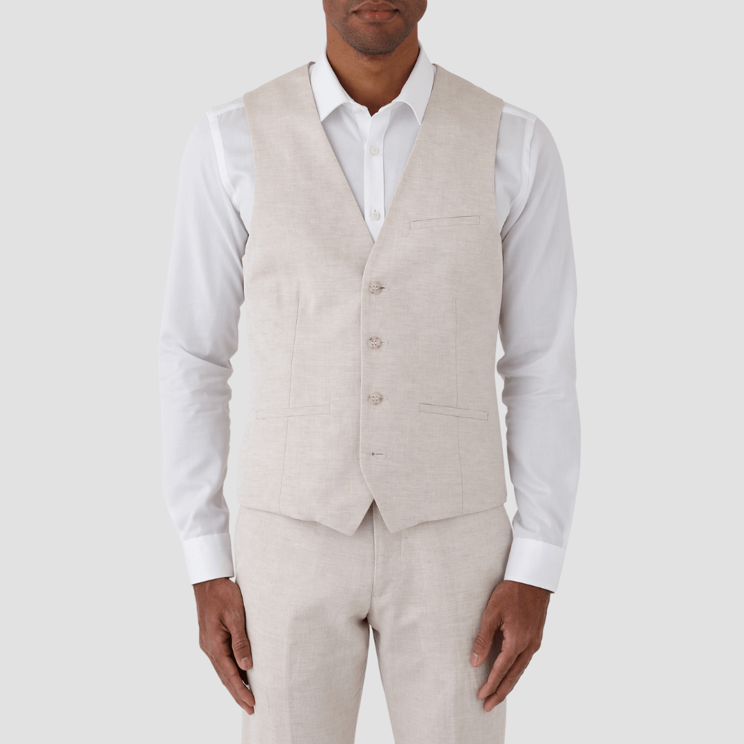 Uberstone slim fit nick linen vest in sand