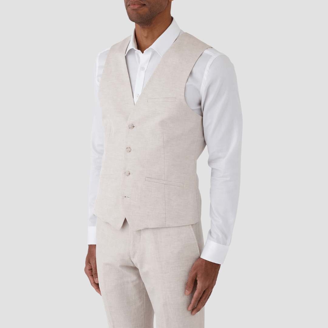Uberstone slim fit nick linen vest in sand