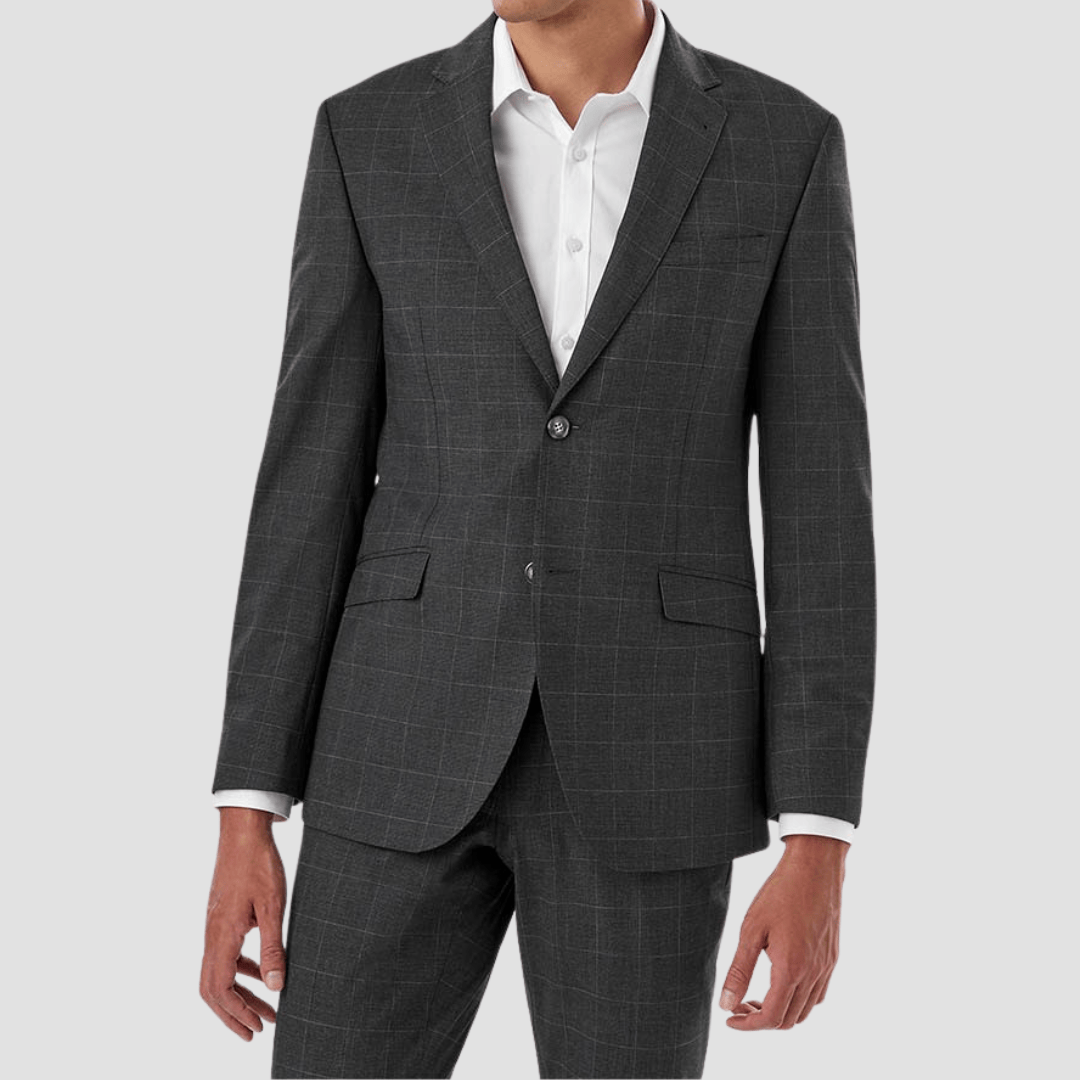 Gray checkered suit with white shirt on a light gray background