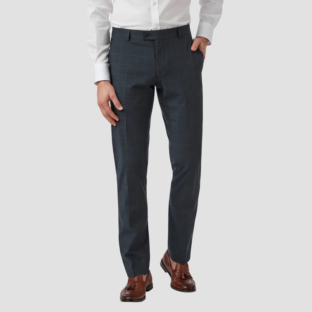 Navy checkered dress pants worn by a person 
