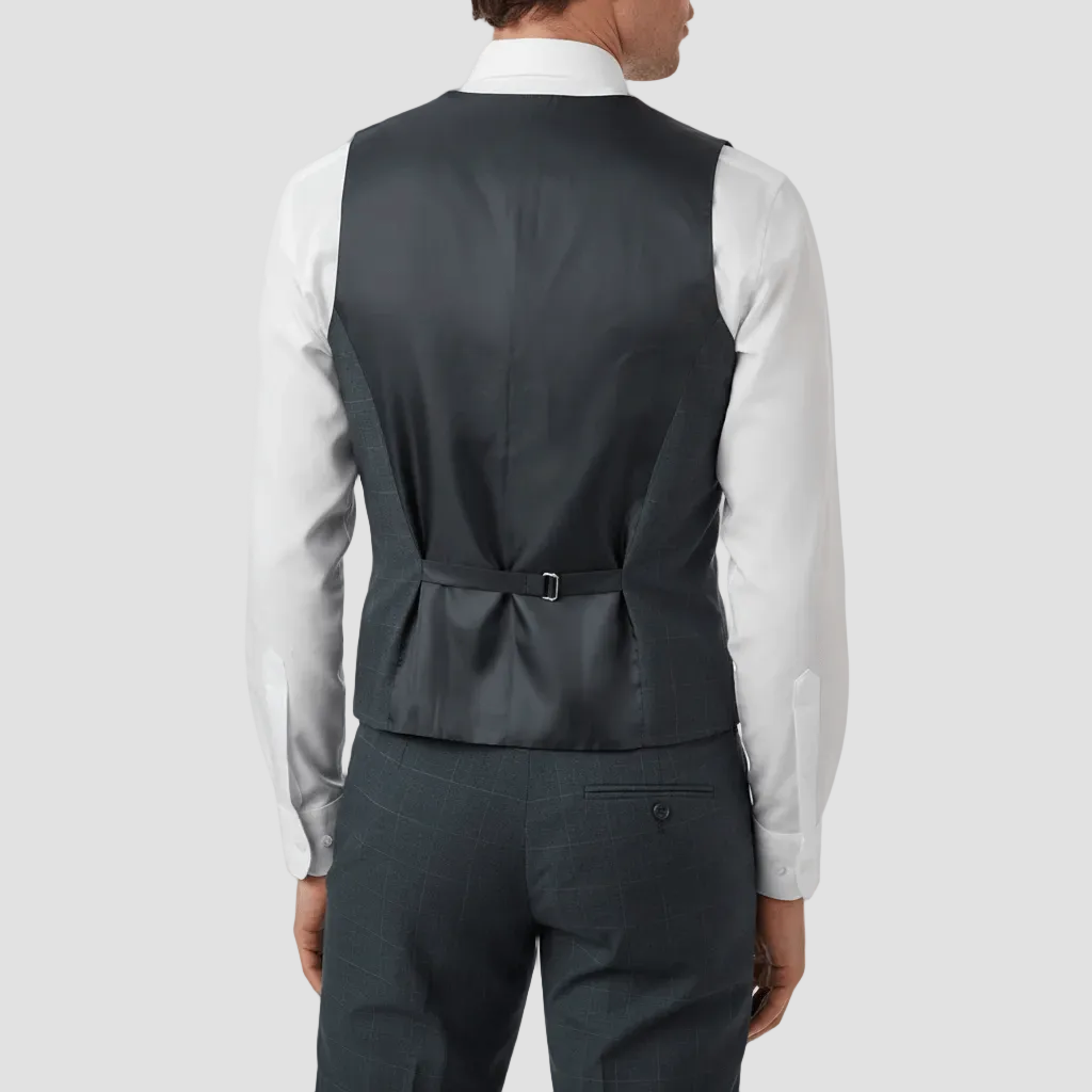 Gray suit vest over a white shirt on a white background