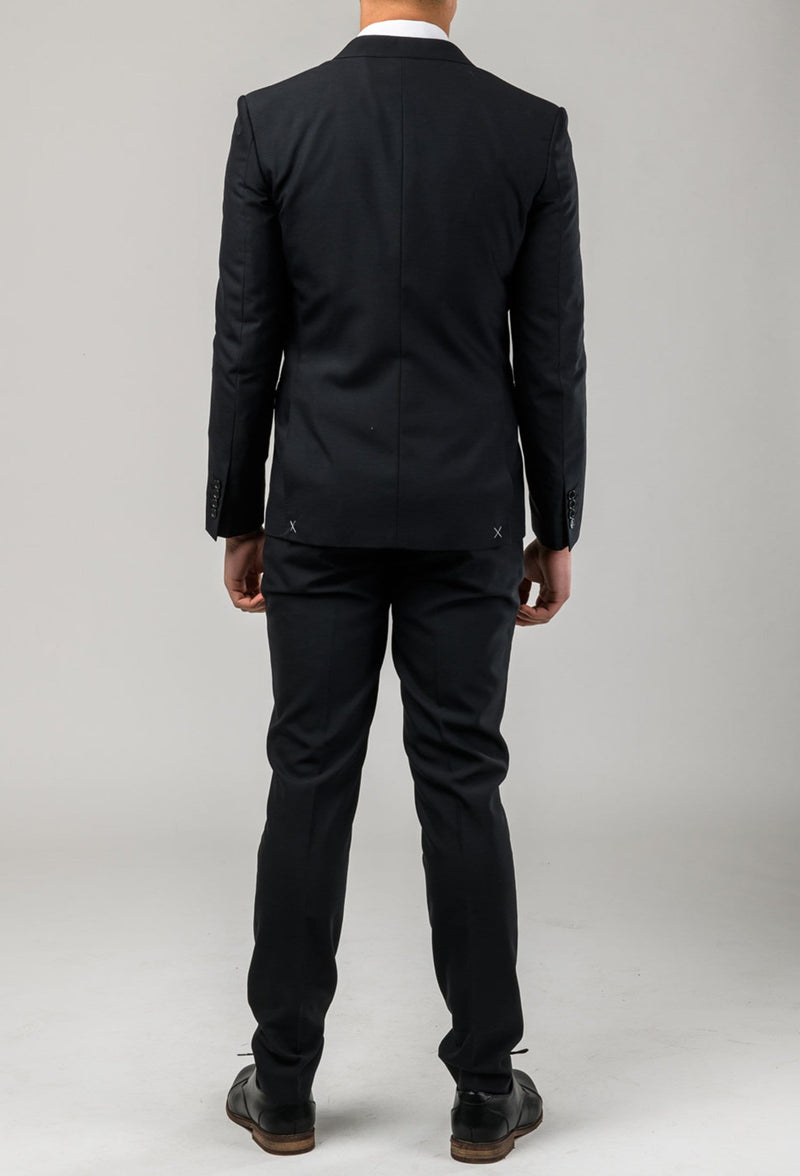 a behind view of the Aston slim fit colton suit in black pure wool A0137122S