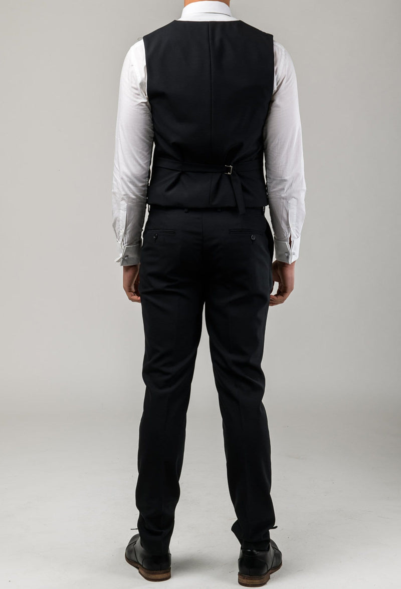 reverse view of the Aston slim fit colton vest in black pure wool A0137122V including the tab adjusters at the back