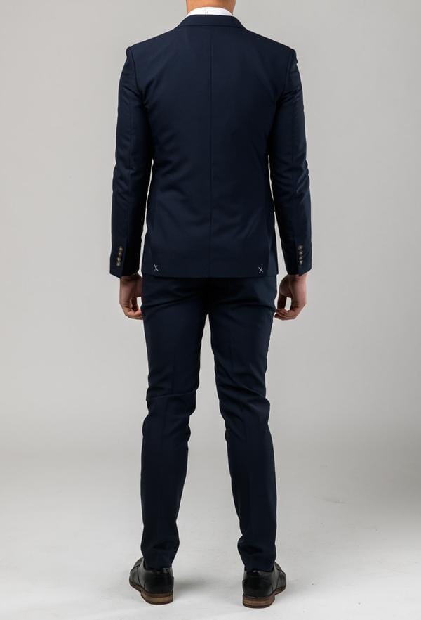 a rear view of the Aston slim fit moores suit in navy A049301S including the side vent at the back