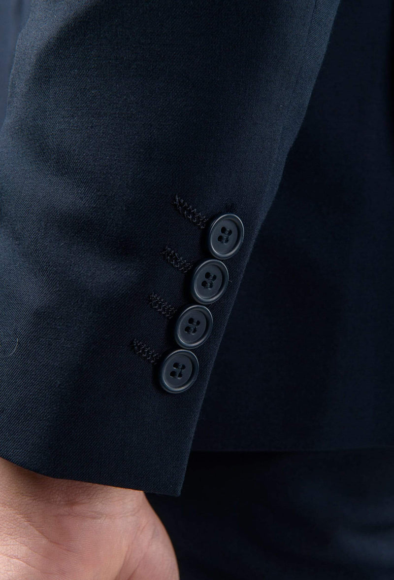 a close up view of the sleeve detailing on the aston slim fit moores suit jacket in navy A049301S-NL