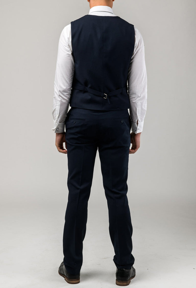 a reverse view showing the tab adjuster details on the Aston slim fit moores vest in navy A049301V-NL