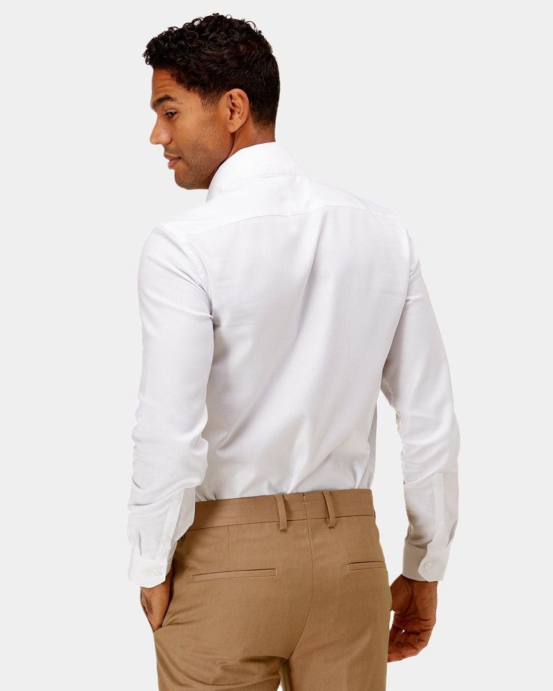 the back of the slim fit white mens shirt
