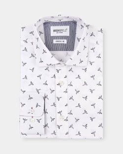 a white classic fitted mens dress or business shirt with a black bird print all over