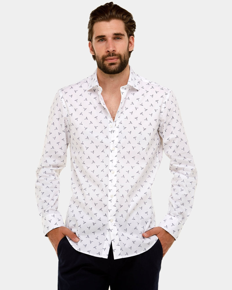 the brooksfield bird print shirt in white with black print