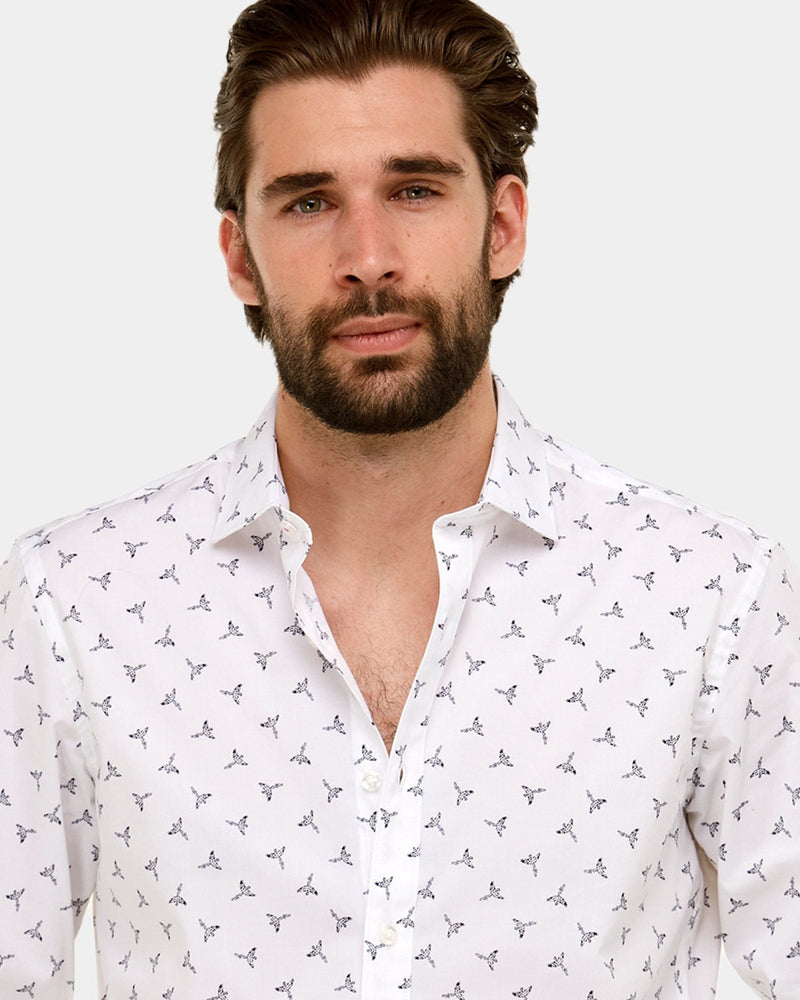 a mens classic fit printed shirt in white with a small black bird print all over