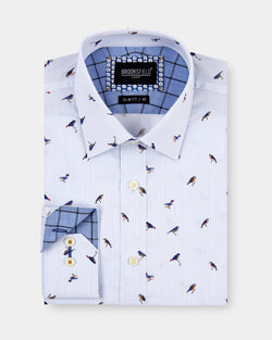 mens white and blue pin stripe shirt with small bird print all over and a checked inner print