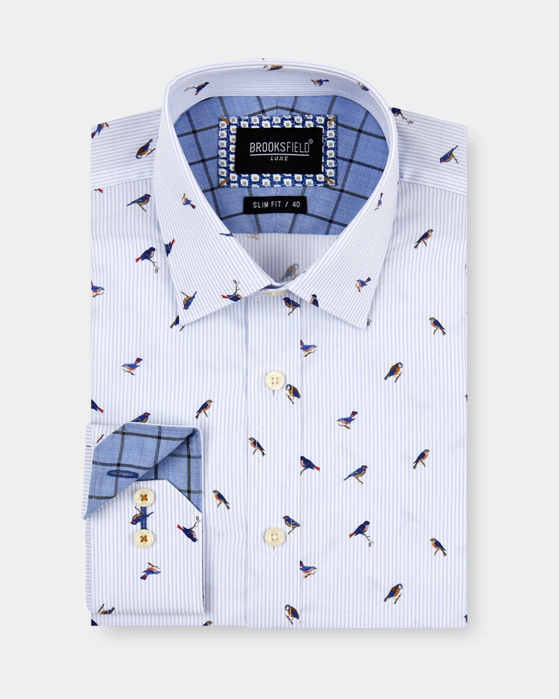 mens white and blue pin stripe shirt with small bird print all over and a checked inner print