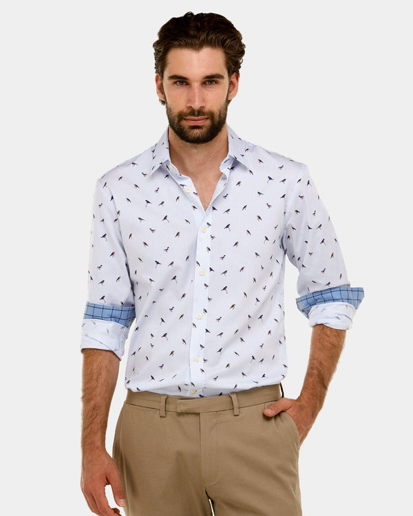 mens light blue brooksfield dress shirt with brid print