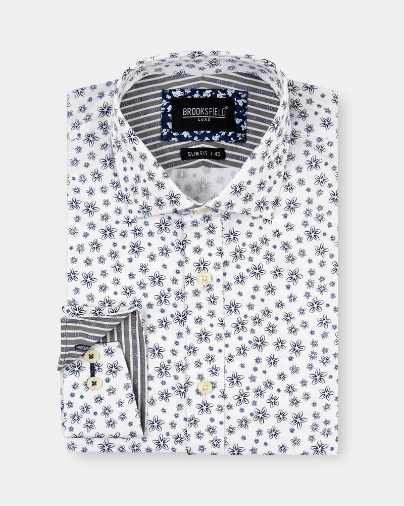 brooksfield mens dress shirt in white with navy floral print