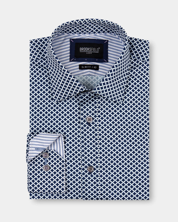 a long sleeve mens dress shirt with navy blue diamond print  by brooksfield