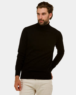 mens long sleeve cotton roll neck sweater in black