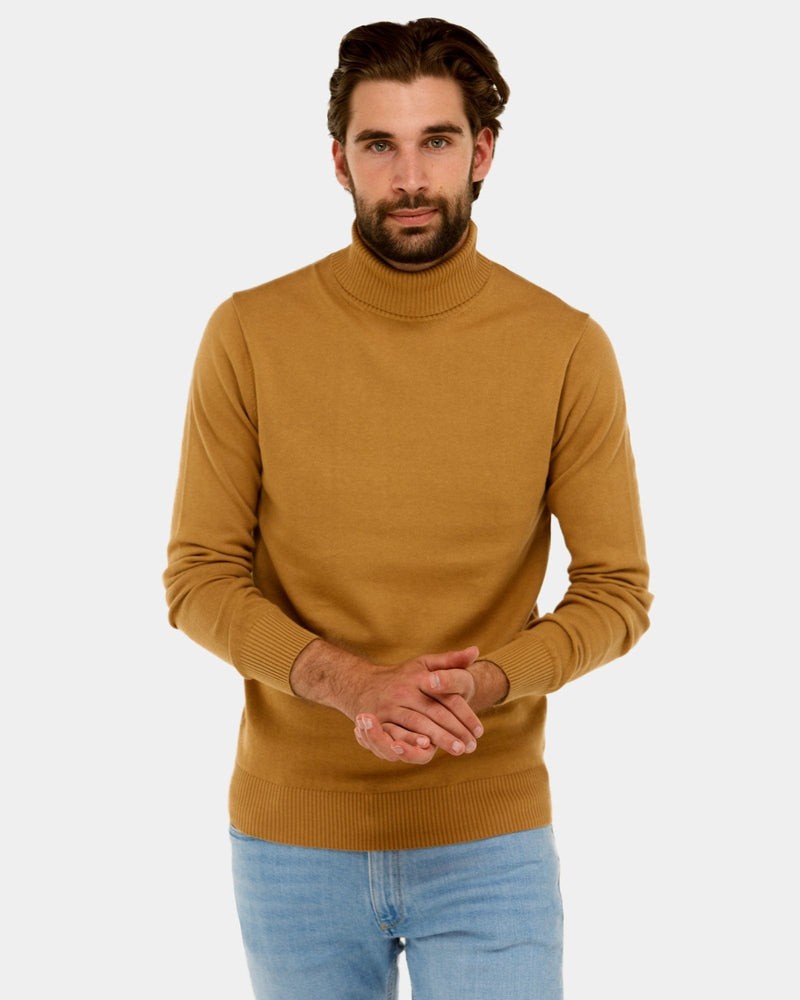 mens roll neck sweater in caramel tan colour 