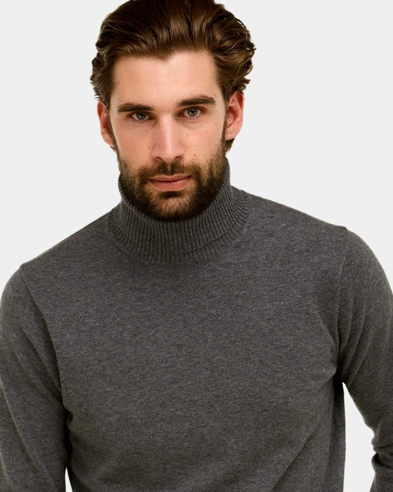 mens long sleeve roll neck sweater in grey cotton