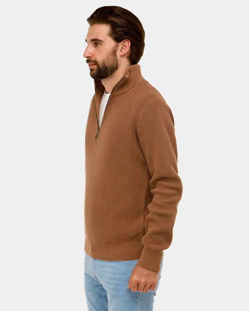 a long sleeve mens knit sweater in a tan colour