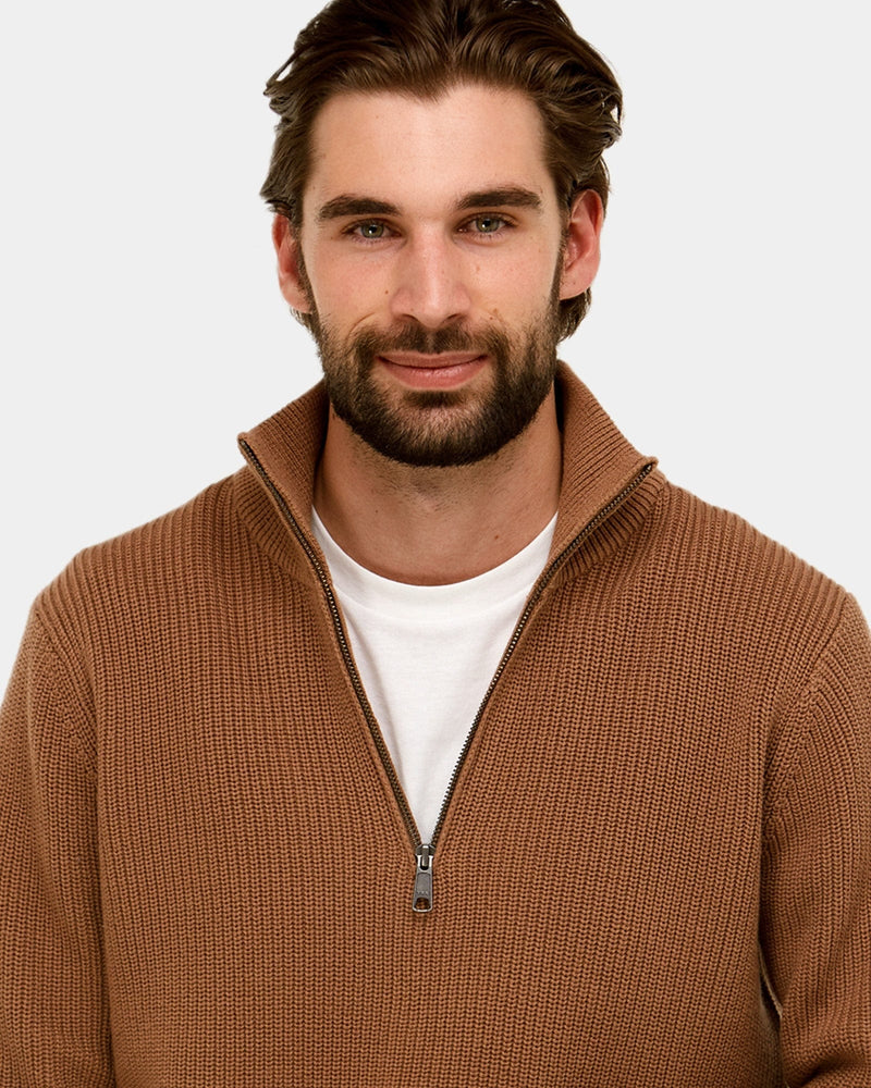 the zip v neck detail on the brooksfield mens knit sweater
