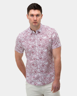 mens short sleeve printed shirt with a red floral pansy print all over