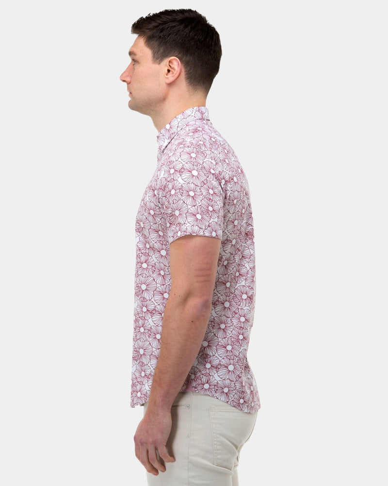 a side view showing the slim fit of the brooksfield mens short sleeve floral print in red