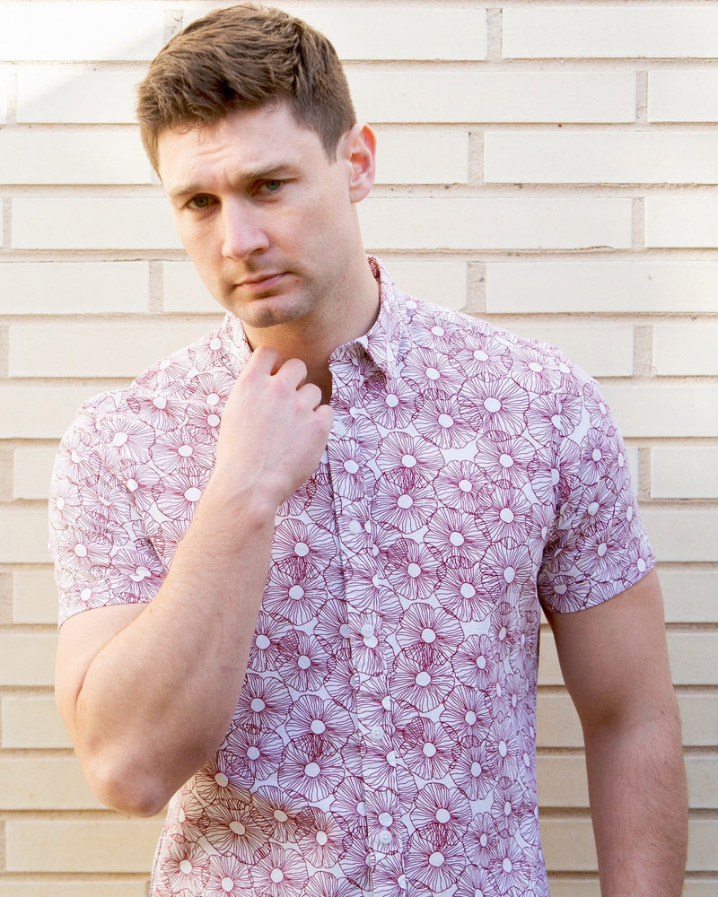 short sleeve printed mens shirt in red and white floral print