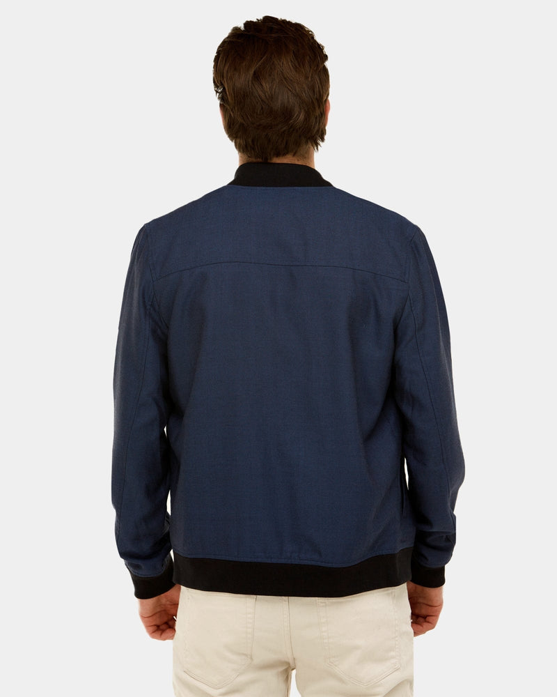 the back of the mens long sleeve navy bomber jacket from brooksfield