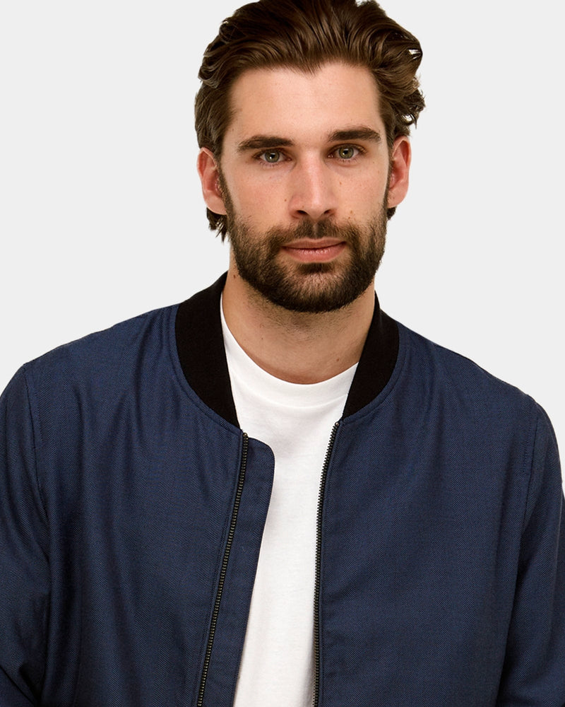 mens navy blue cotton jacket with a zip up front