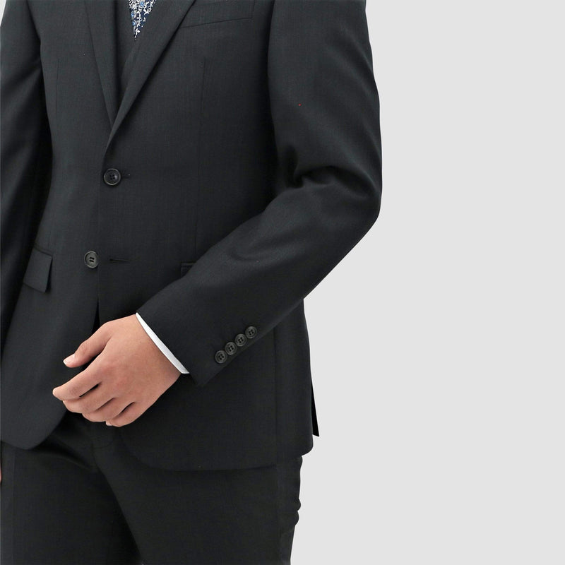 a close up of the fabric and sleeve detail on the daniel hechter classic fit michel suit in black pure wool STDH101-01