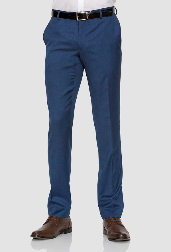 a front on view of the Gibson slim fit caper trouser in blue pure wool FGD019 styled with a brown leather shoe and white shirt