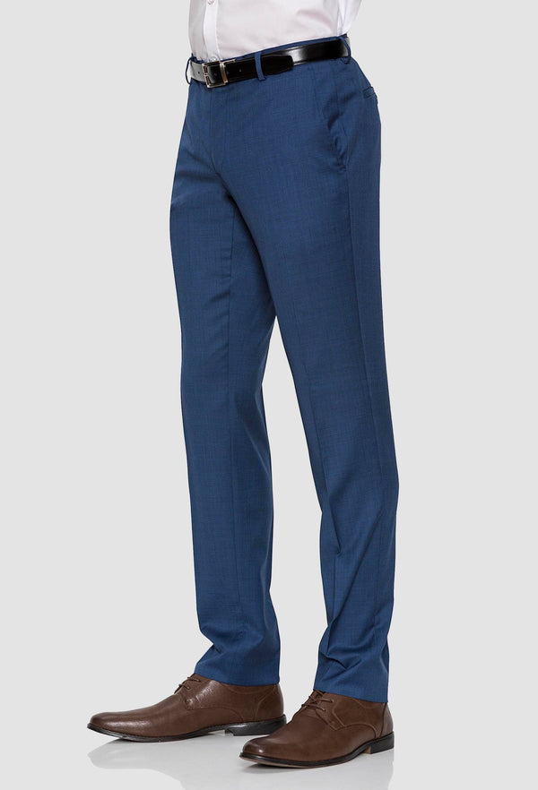 a side on view of the Gibson slim fit caper trouser in blue pure wool FGD019